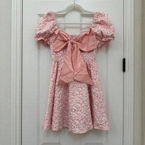 New Shein pink jacquard puff sleeve bow mini dress size Small 4 (New w/out tags)